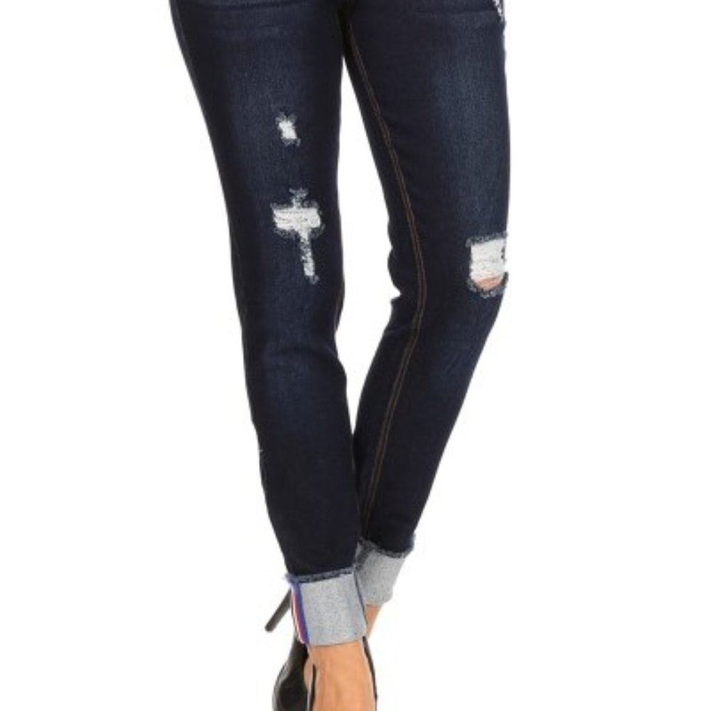 Ripped Denim Jeggings with Stripe Cuff Detail